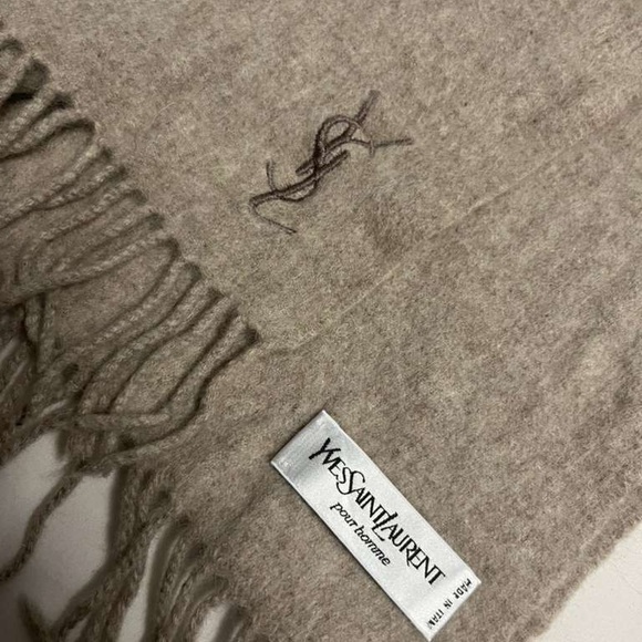 Yves Saint Laurent Taupe Wool Scarf with Fringe
